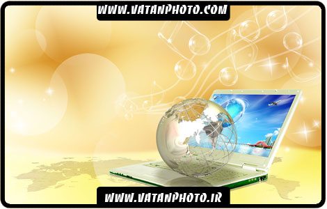 طرح تبلیغاتی سه بعدی از کامپیوتر و کره زمین